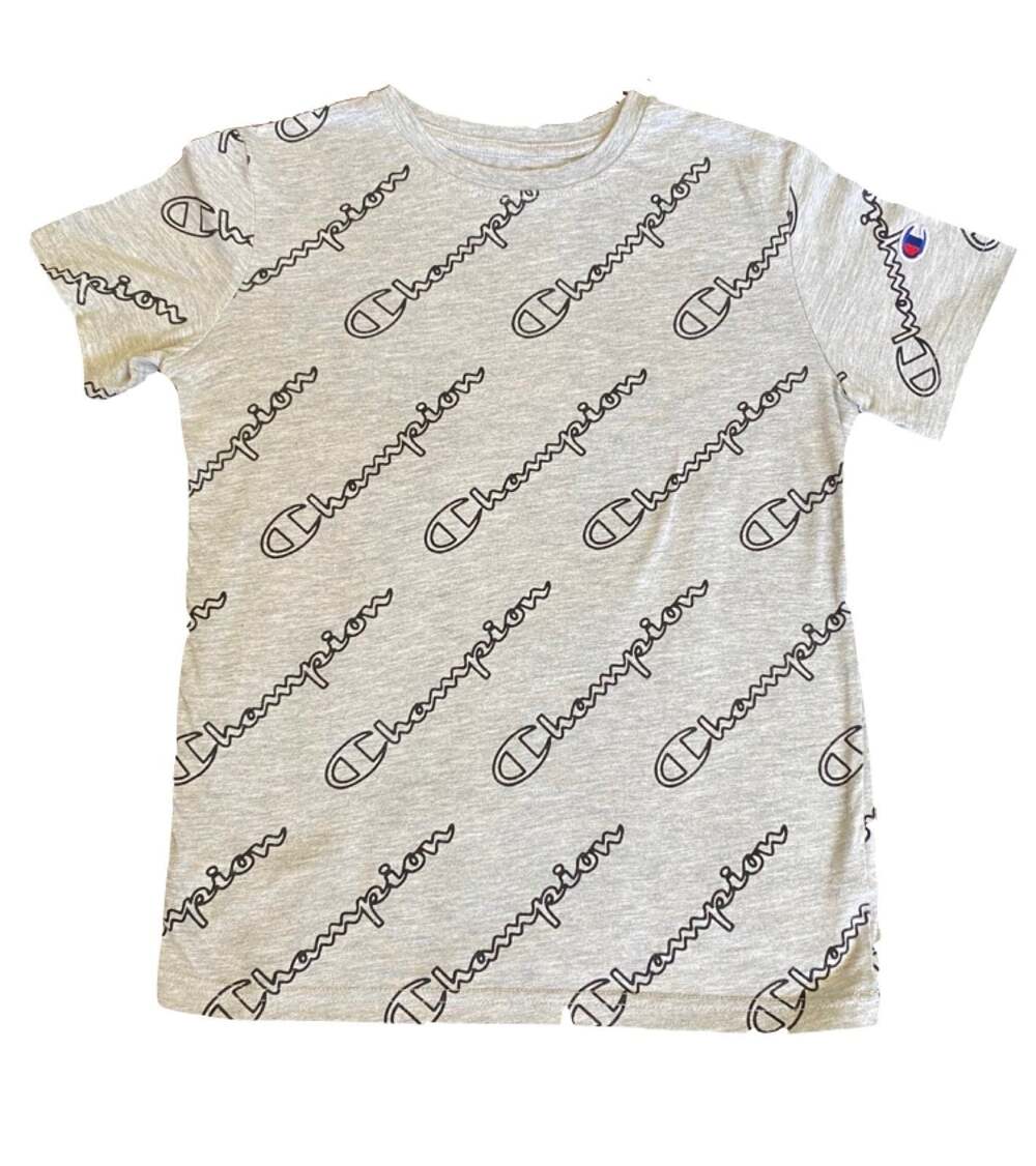 CHAMPION LIGHT GREY ALL OVER SCRIPT LOGO TEE (SIZE SMALL - KIDS)